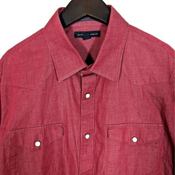 Men's Large Banana Republic Crimson Red Cotton Pearl Snap Western Rodeo Shirt - Picture 2 of 5